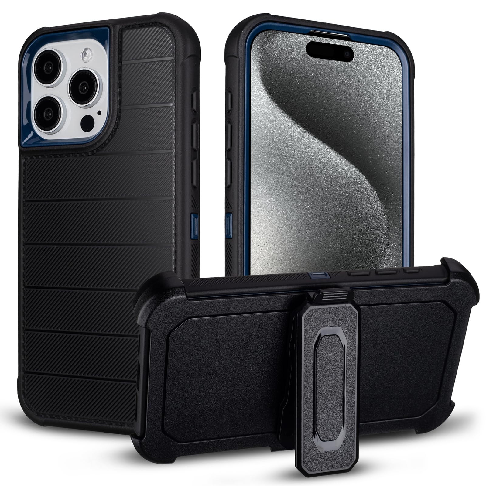 for iPhone 15 Pro Max Case with Belt Clip, Black & Blue | Anti-Drop, Anti-Fingerprint, 3…
