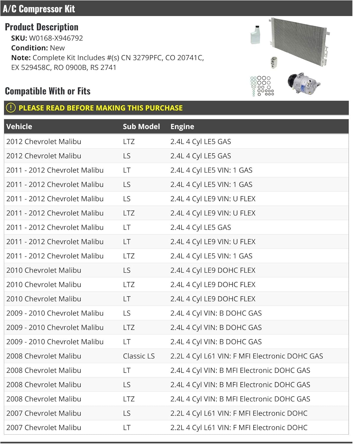 A/C Compressor Kit - Compatible with 2007-2012 Chevy Malibu