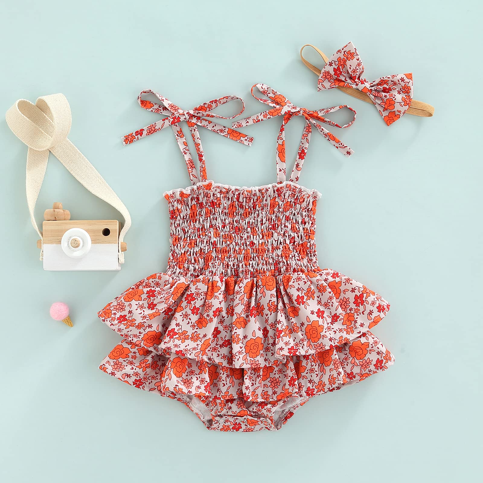 Toddler Baby Girl Dress Sleeveless Straps Princess Dress Floral Boho Tie-up Tutu Dress Summer Holiday Party Dresses (A-Red Romper Dress, 3-6 Months)