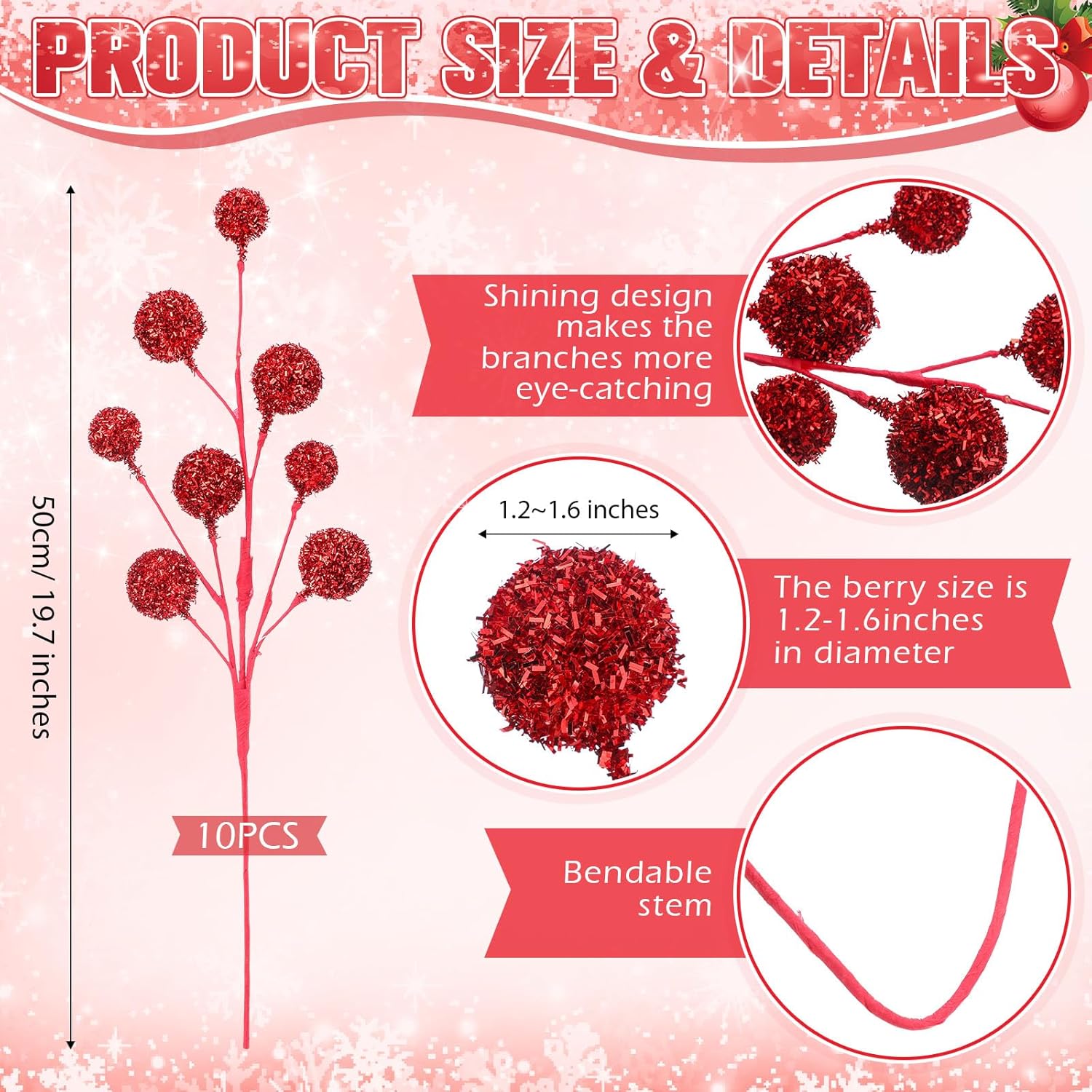 10pcs Christmas Glitter Berry Stems 19.7 Inches Christmas Tree Picks and Spray Large Artificial Glitter Berries Branches for Xmas Ornament, DIY Wreath, Craft, Holiday Decor(Red)