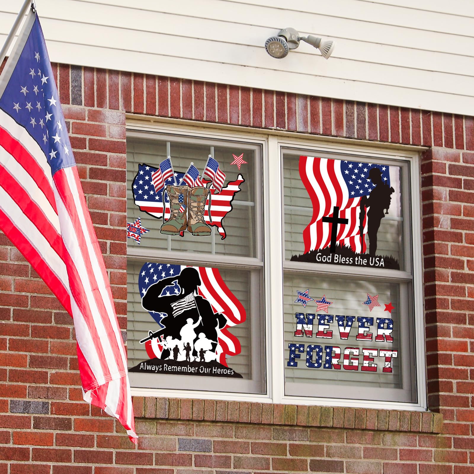 JarThenaAMCS Memorial Day Land of The Free Window Clings 4th of July Patriotic America Flag Military Soldier Boots Cross Glass Decals for USA Veterans Day Home Office School Decor, 9.8 x 13.8 in,4Pcs