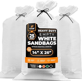 Xpose Safety Heavy Duty Sand Bags with Tie Strings – Empty Woven Polypropylene Sandbags for Hurricane Flood Protection, 100 lb Capacity, 14" x 26", White, Pack of 25