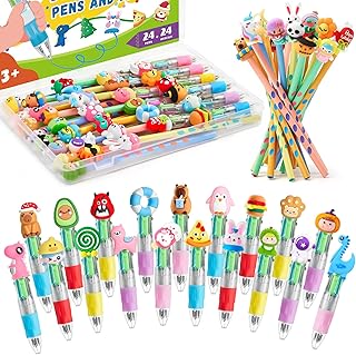 48 Esferográfica multicolor 4 em 1: 24 caneta multicor 24 lápis, presentes de aniversário para crianças na colégio, detalhes de aniversário para crianças, canetas divertidas para festas infantis