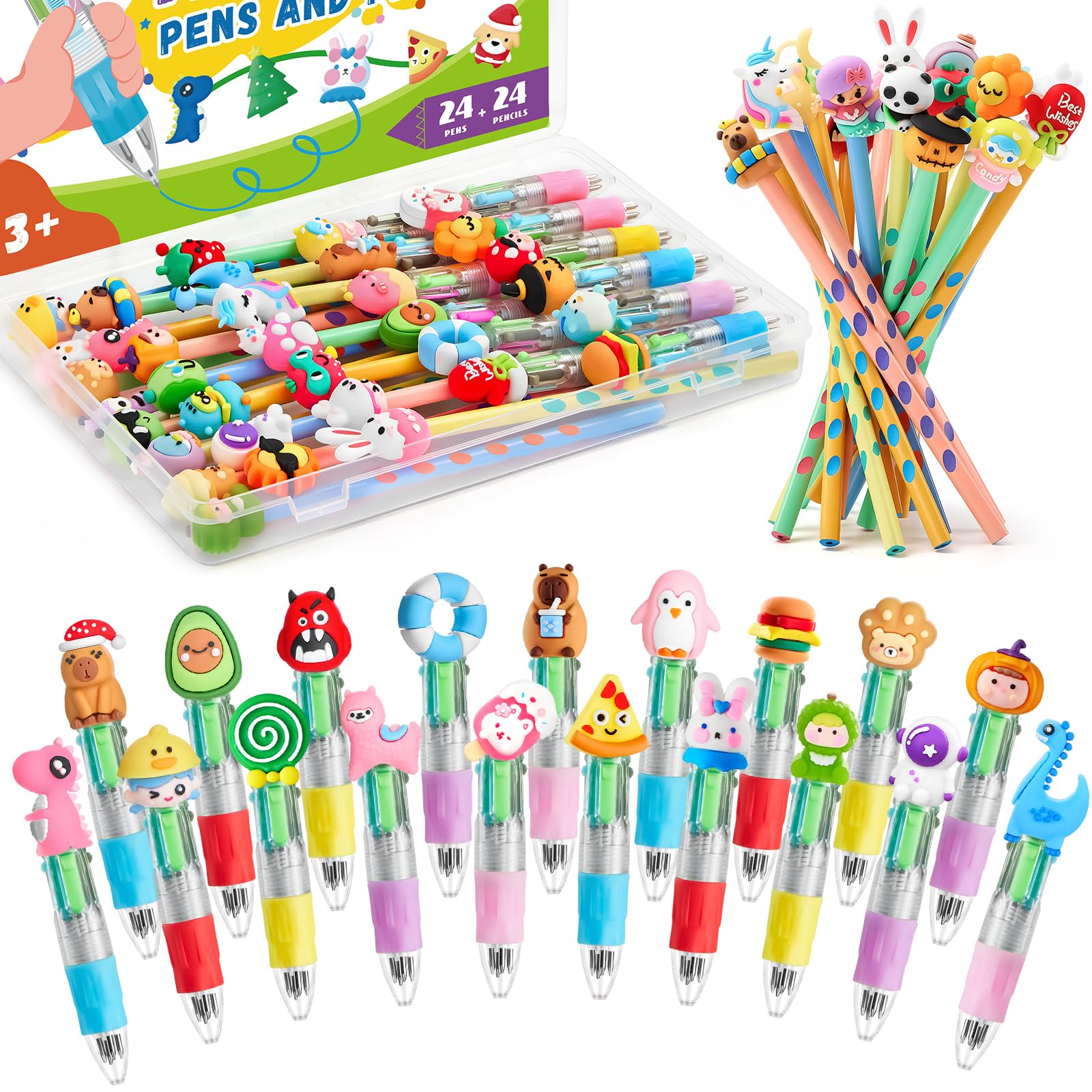 48 Boligrafo Multicolor 4 en 1: 24 Boligrafo Multicolor+24 Lápices, Regalos Cumpleaños Niños Colegio, Detalles Cumpleaños Niños, Bolígrafos Divertidos para Fiestas Infantiles