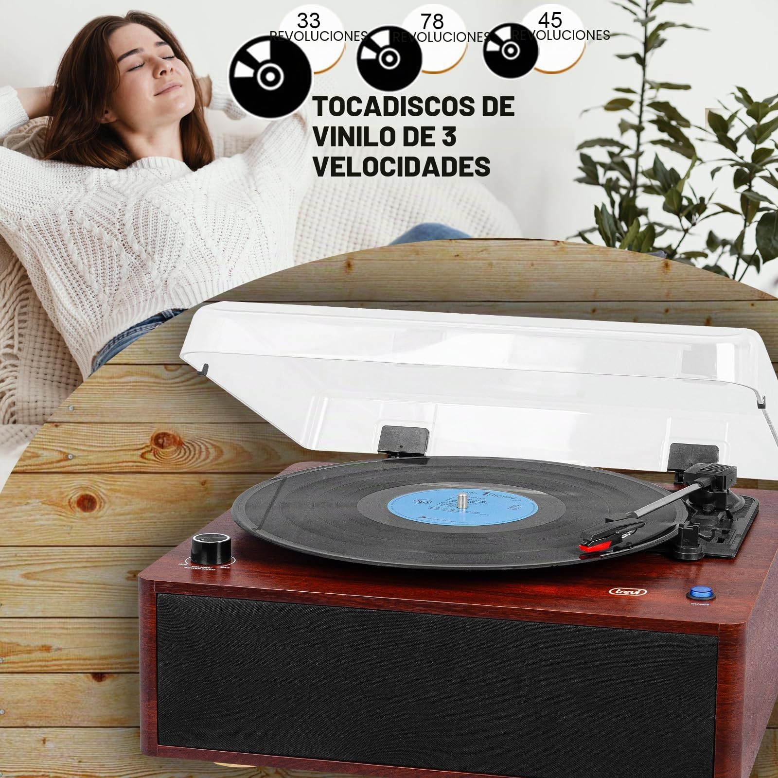 Trevi TT 1030 BT Tocadiscos con Mueble de Madera, conexión Audio inalámbrica Entrada/Salida, Reproductor de vinilos 33/45/78 RPM, Salida RCA, Altavoces incorporados