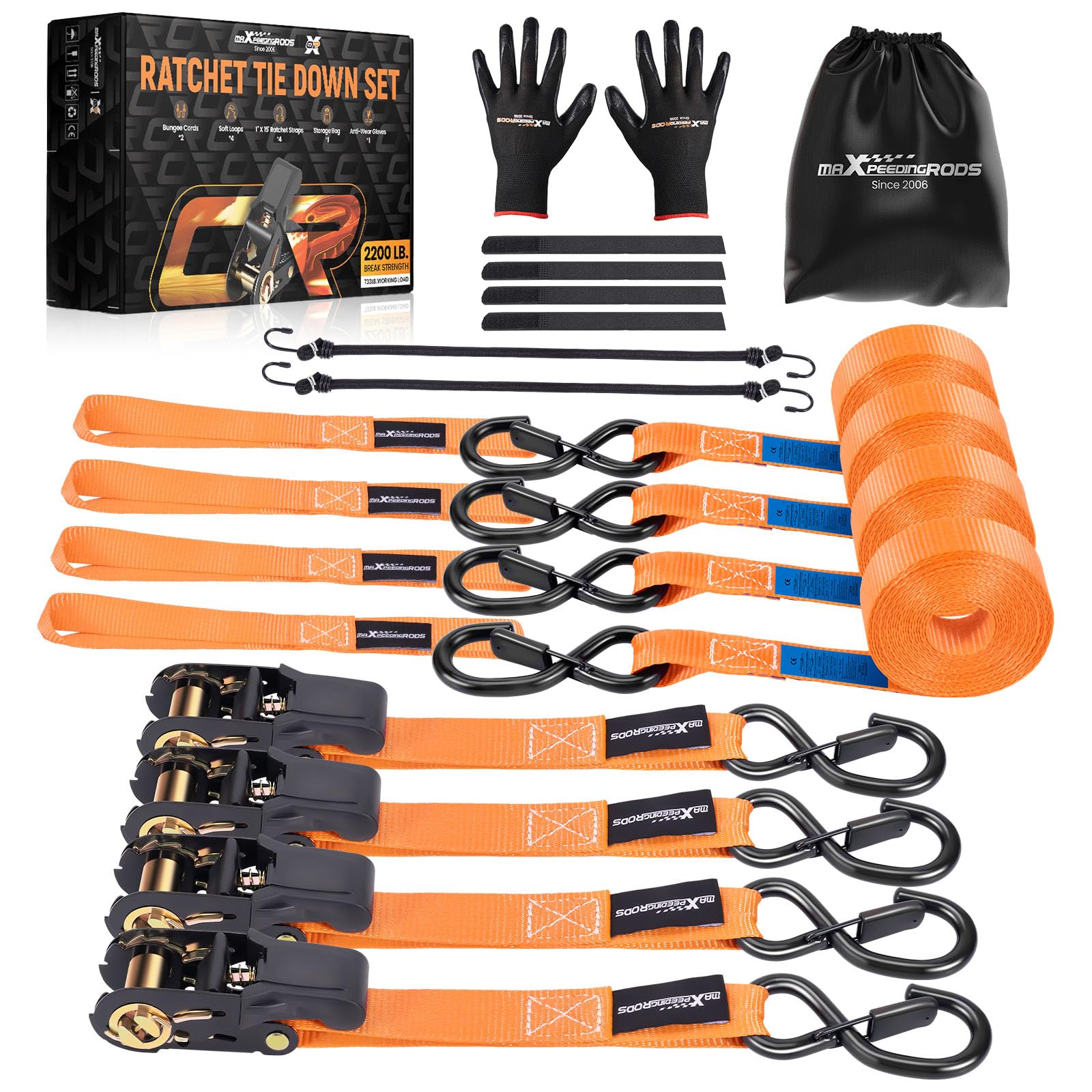 maXpeedingrods 4 x997 kg Sangles d'arrimage Sangle à Cliquet de 4,5m Orange | avec Crochet en S à Clip de Sécurité, en 12195-2