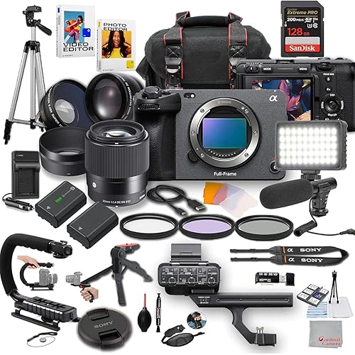 Sony FX3A Full-Frame Cinema Camera with Sigma 30mm f/1.4 DC DN Lens, LED Light, Microphone, 128GB Extreme Speed, U-Grip, Filters, Tripod, Case, Software, & More – Pro Video Bundle (36pc)
