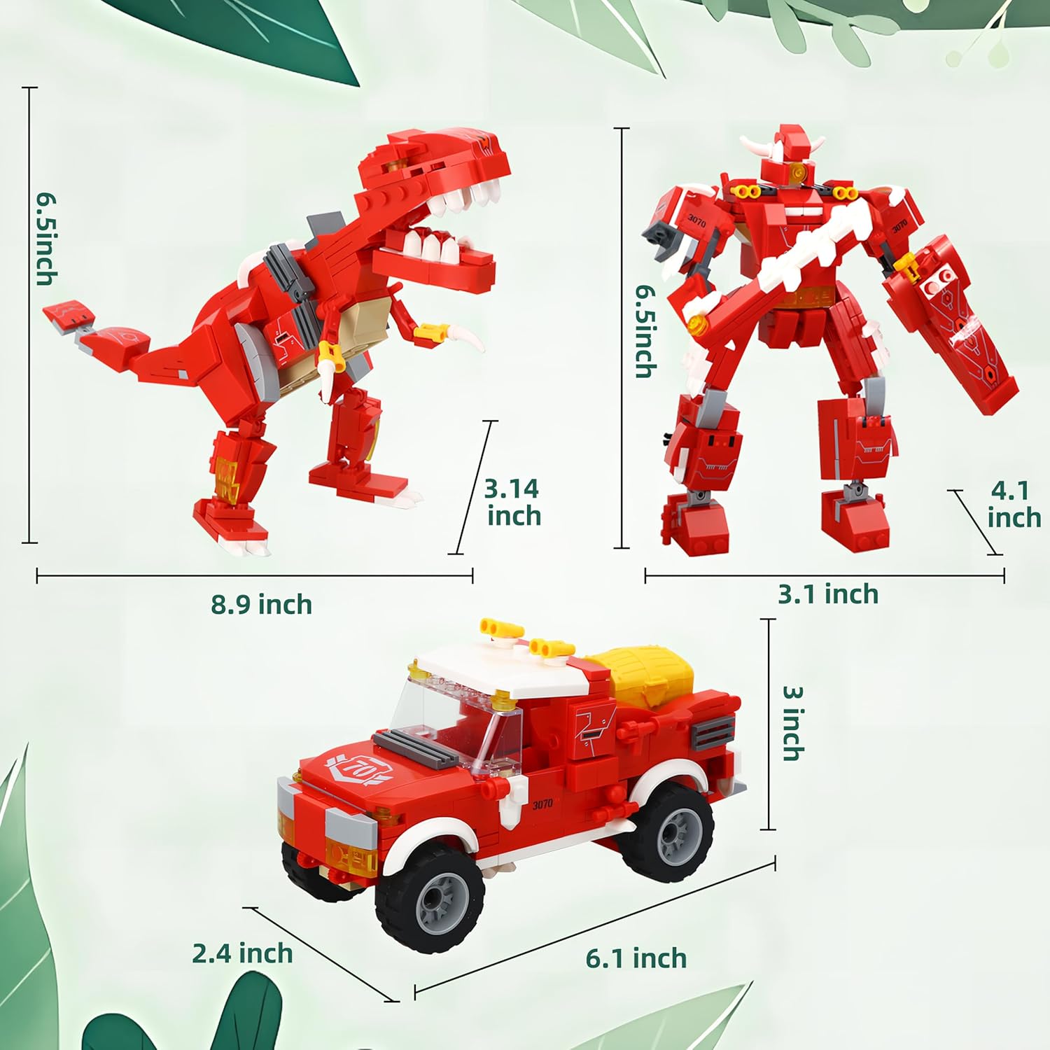 Diagram showing dimensions of the T-Rex, Cyber Dinosaur Robot, and Off-Road Vehicle models