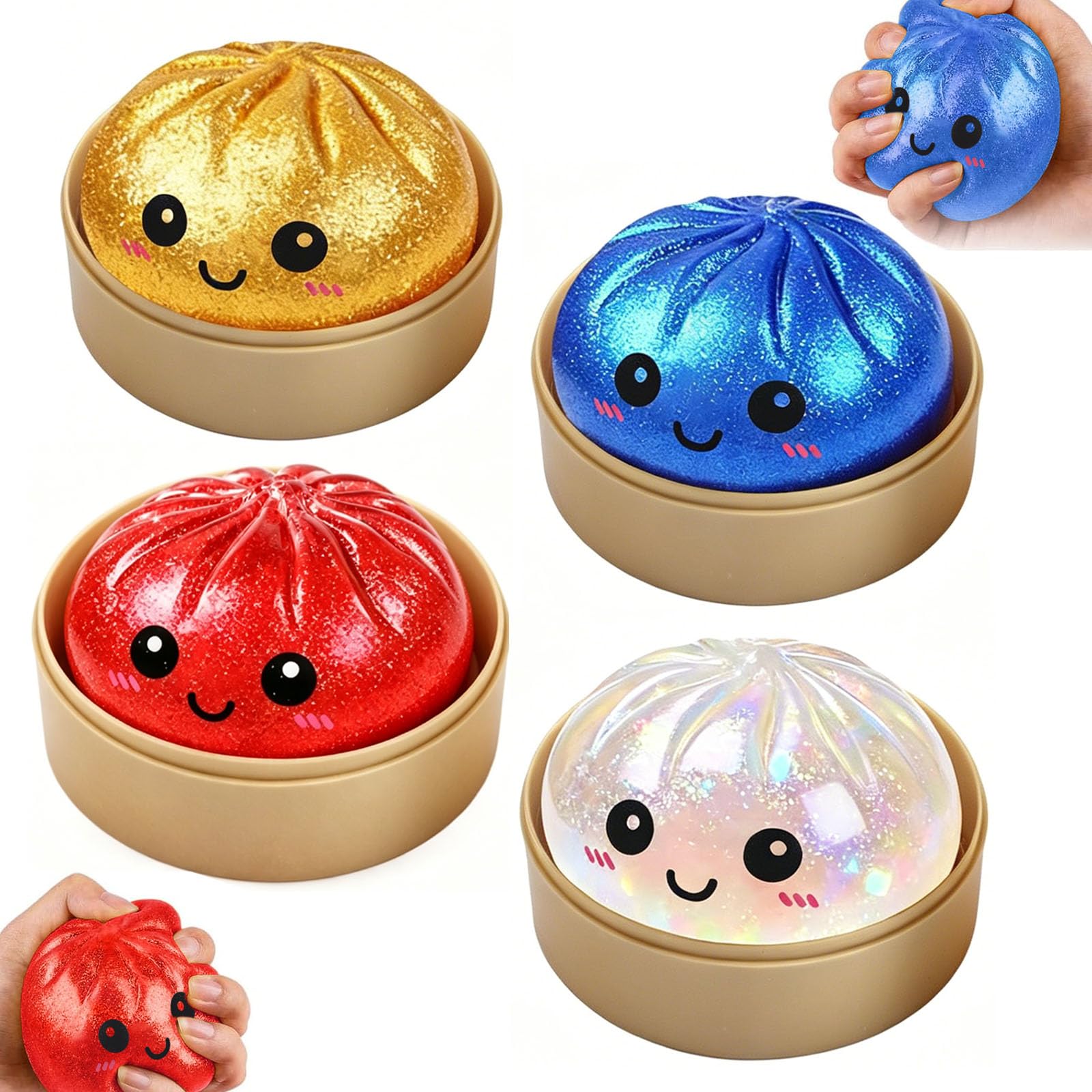 4 Stück Dumpling Squishy Mystery, Glitter Dumpling Squishy Mystery | Glitter Dumpling Squishy Mystery für Anti Stress Spielzeug, Dumplings Squishys XXL Mit Freunden