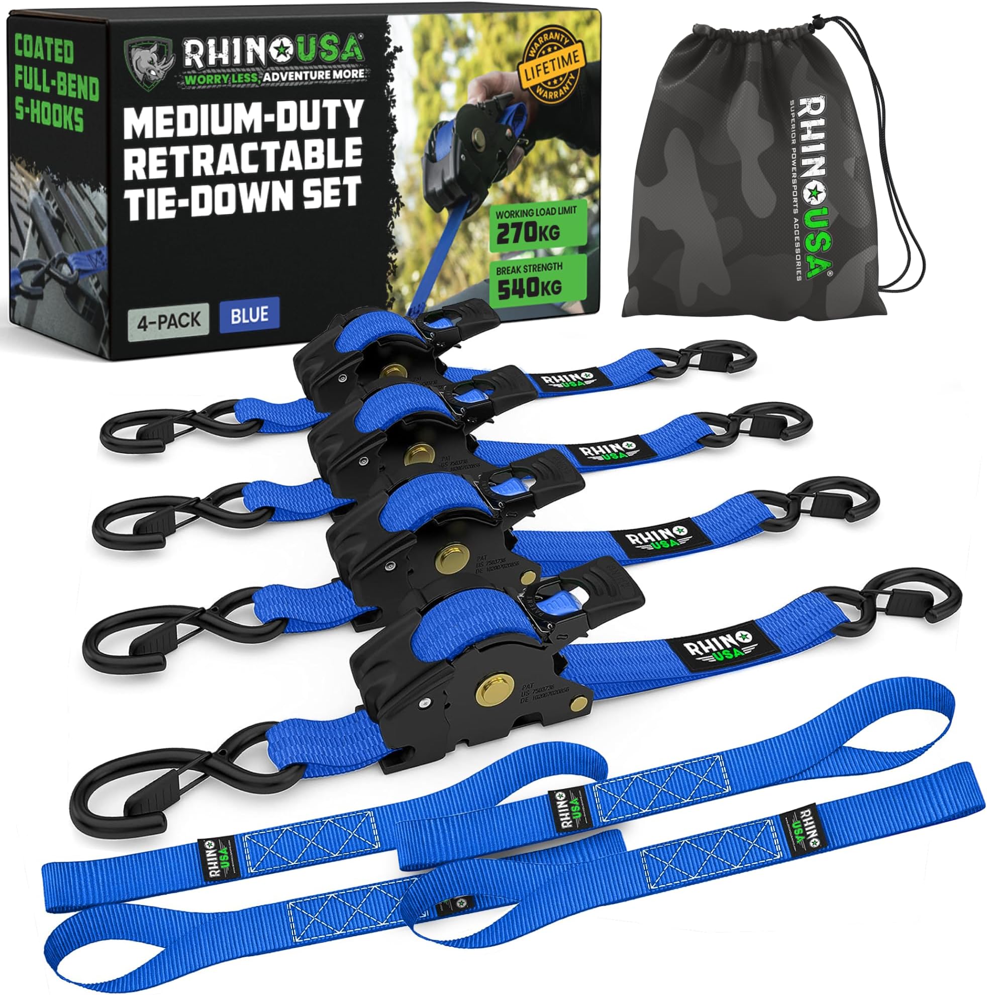 Rhino USA Retractable Ratchet Straps (4-Pack) - 2.5cm x 3m, Blue