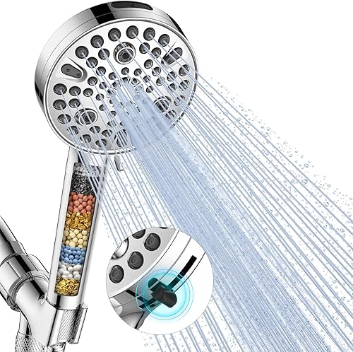 FEELSO Cabezal de ducha filtrado de mano, 11 modos de pulverización, cabezales de ducha de alta presión con filtro para agua dura, cabezal de ducha