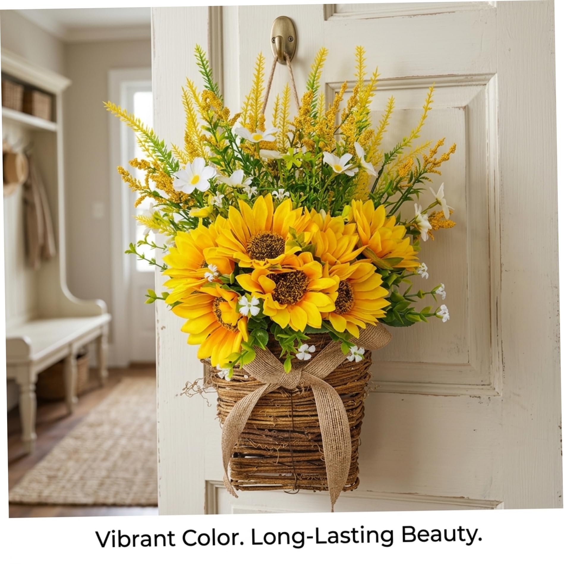 Couronne de Panier pour Porte d'entrée, Couronne de Printemps avec tournesols et nœud en Toile Jute, décoration Murale intérieure et extérieure Ferme Jaune (32 cm), Printemps