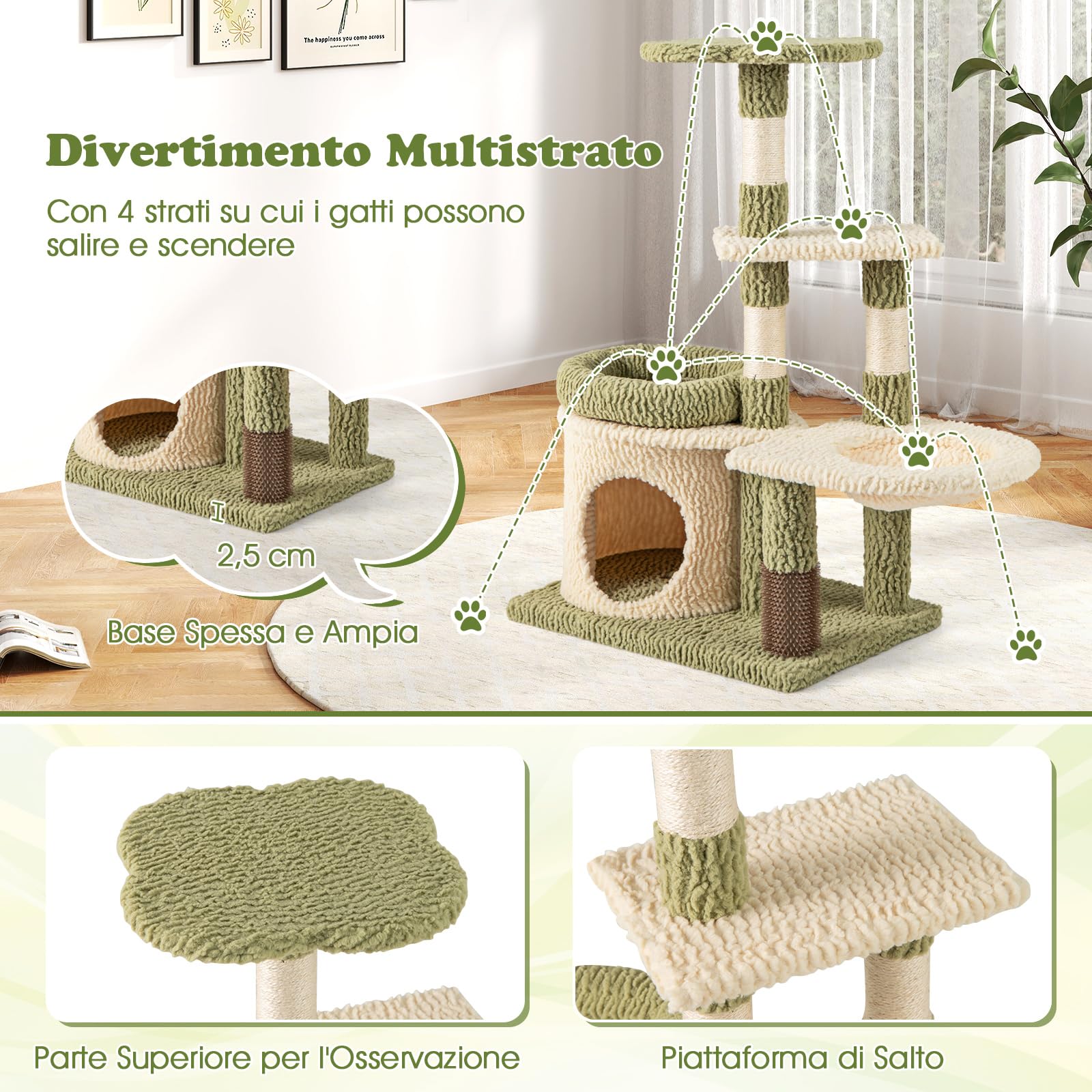 COSTWAY Tiragraffi per Gatto Alto 100 cm, Albero Tiragraffi Gatto con 3 Pali in Sisal, 4 Piattaforme e Grotta, Cuccia Albero Gatto Rivestito in Peluche, Verde e Bianco