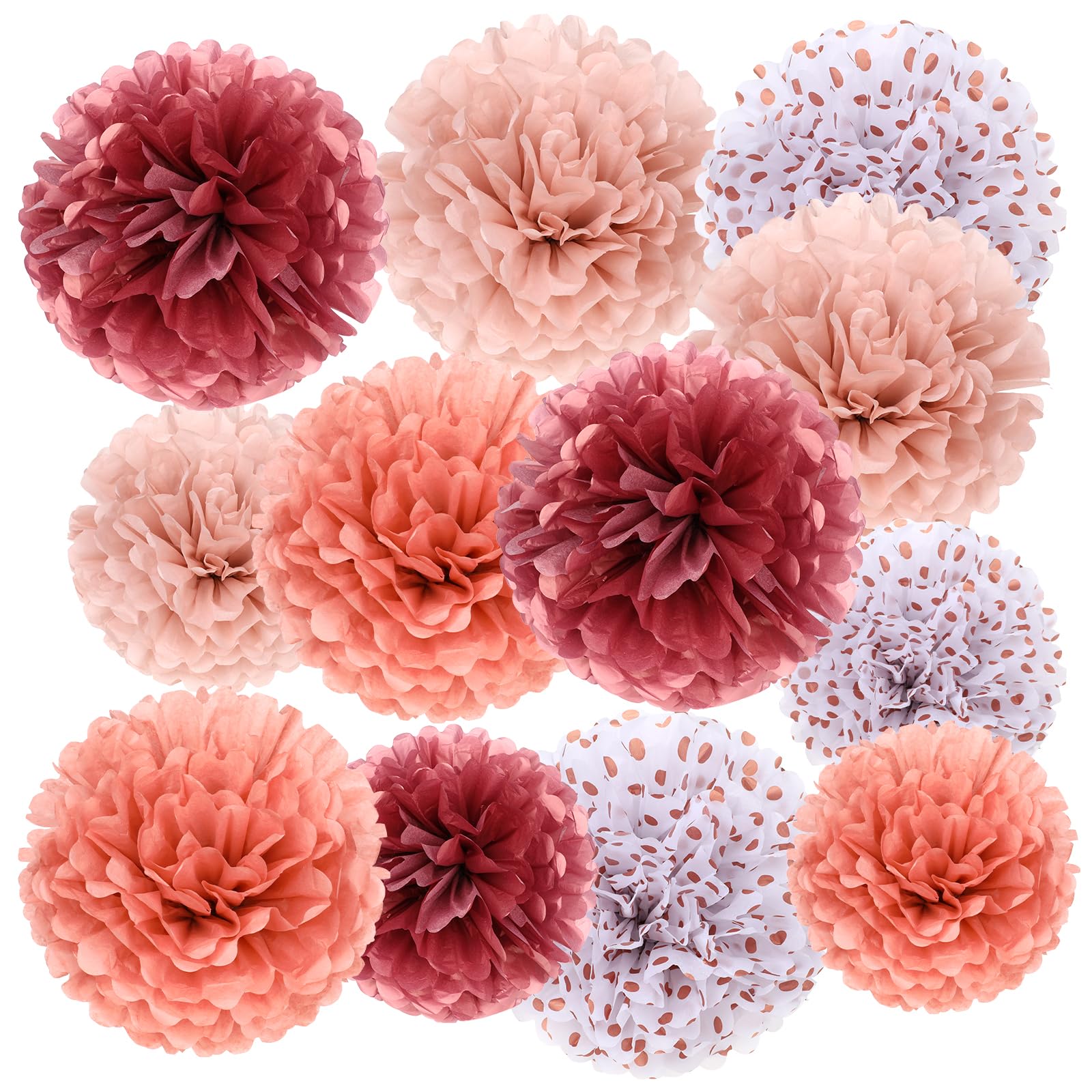 12 pompones de papel de seda, decoración en oro rosa, flores, rosa viejo, coral a lunares, decoración de fiesta de papel de seda, decoración de boda, farolillos, cumpleaños, despedidas de soltera,