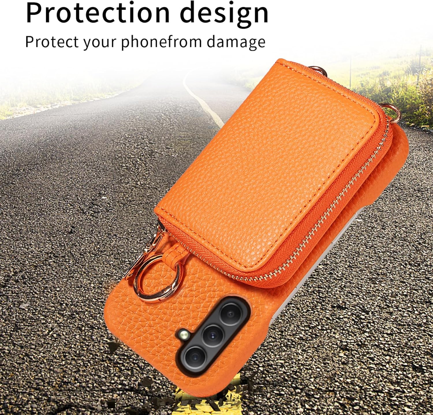 Wallet Case for Samsung Galaxy A16 5G/4G with Shoulder Strap Ring Buckle PU Leather Zipper Flip Organ Purse, Credit Card Holder Stand Full Body Cell Phone Cover for A 16 16A SM-A166U Orange