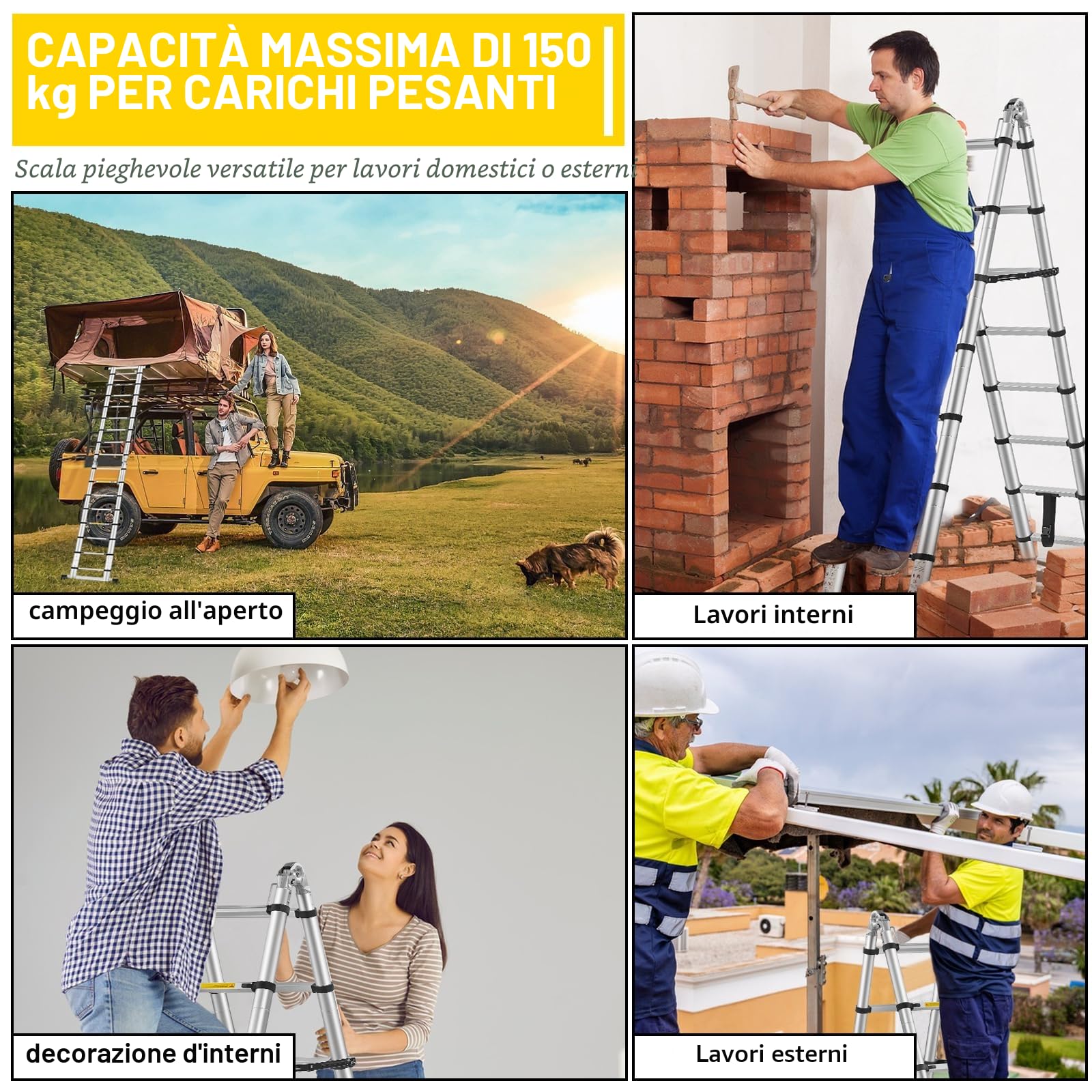 STANEW Scala telescopica in alluminio 5M(2,5+2,5), Alu Scaletta Telescopica, Scala Multiuso 150kg di portata, scala a libro per interni ed esterni