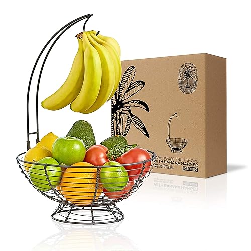 REGAL TRUNK & CO. Cesta de frutas para cocina, 16.5 pulgadas, plato de frutas color negro rústico con cesta extraíble para plátano, ideal para
