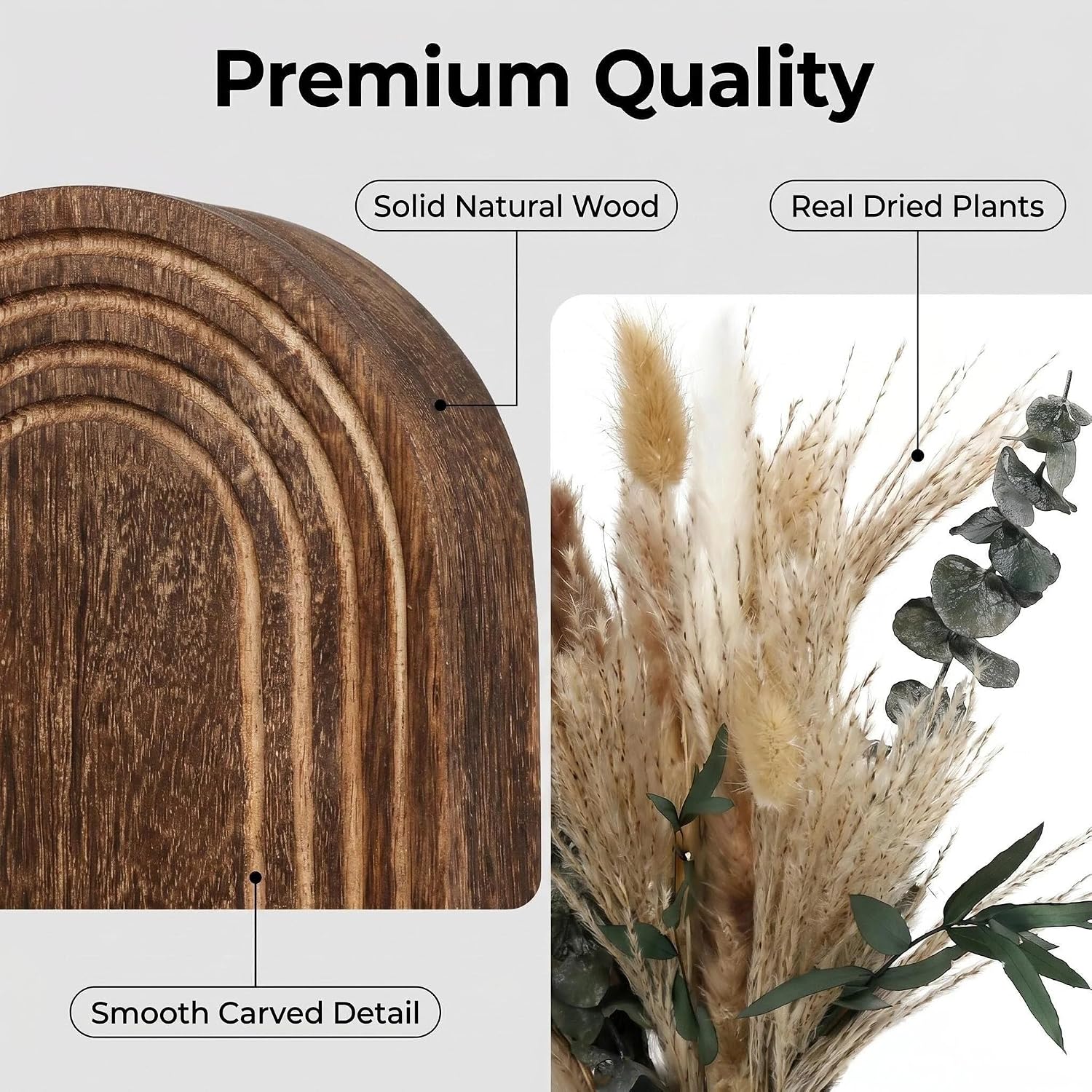 Set of 2 Wooden Wall Vases with Dried Pampas Grass & Eucalyptus, Boho Farmhouse Decor for Living Room, Entryway, Bathroom, Rustic Home Art(Dark Brown) image 3