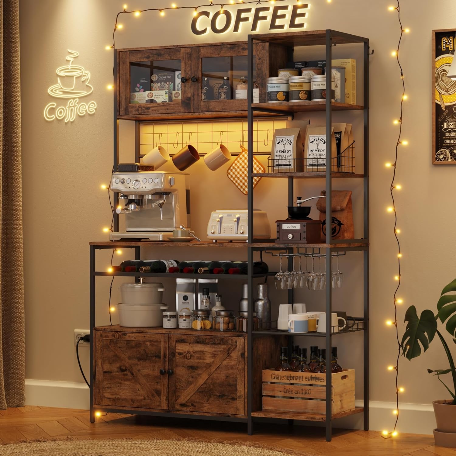 67 in Tall Bakers Rack with Power Outlet & LED Light, Coffee Bar Cabinet with 2 Cabinets, 47.2 in Kitchen Microwave Stand with Shelves Glass Holder and Wine Basket, Mesh Shelves Drainage net