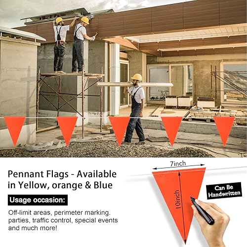 Miniatura 3 de Banderines de seguridad, banderas triangulares de marcado en cuerda, 100 pies 7 x 10 pulgadas, naranja, 45 banderines