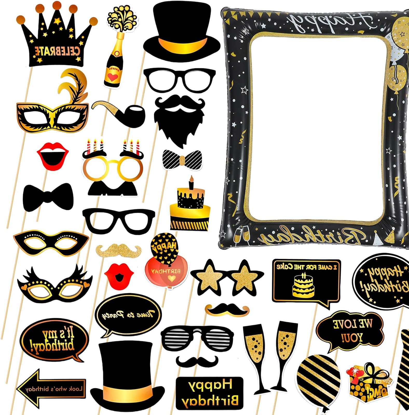 Happy Birthday Photo Booth Frame Inflatable Selfie Frame with 30Pcs Photo Booth Props,Black Gold Inflatable Picture Frame Blow Up Party Prop for Boys Girls Men Women Him Her Birthday Party Decorations