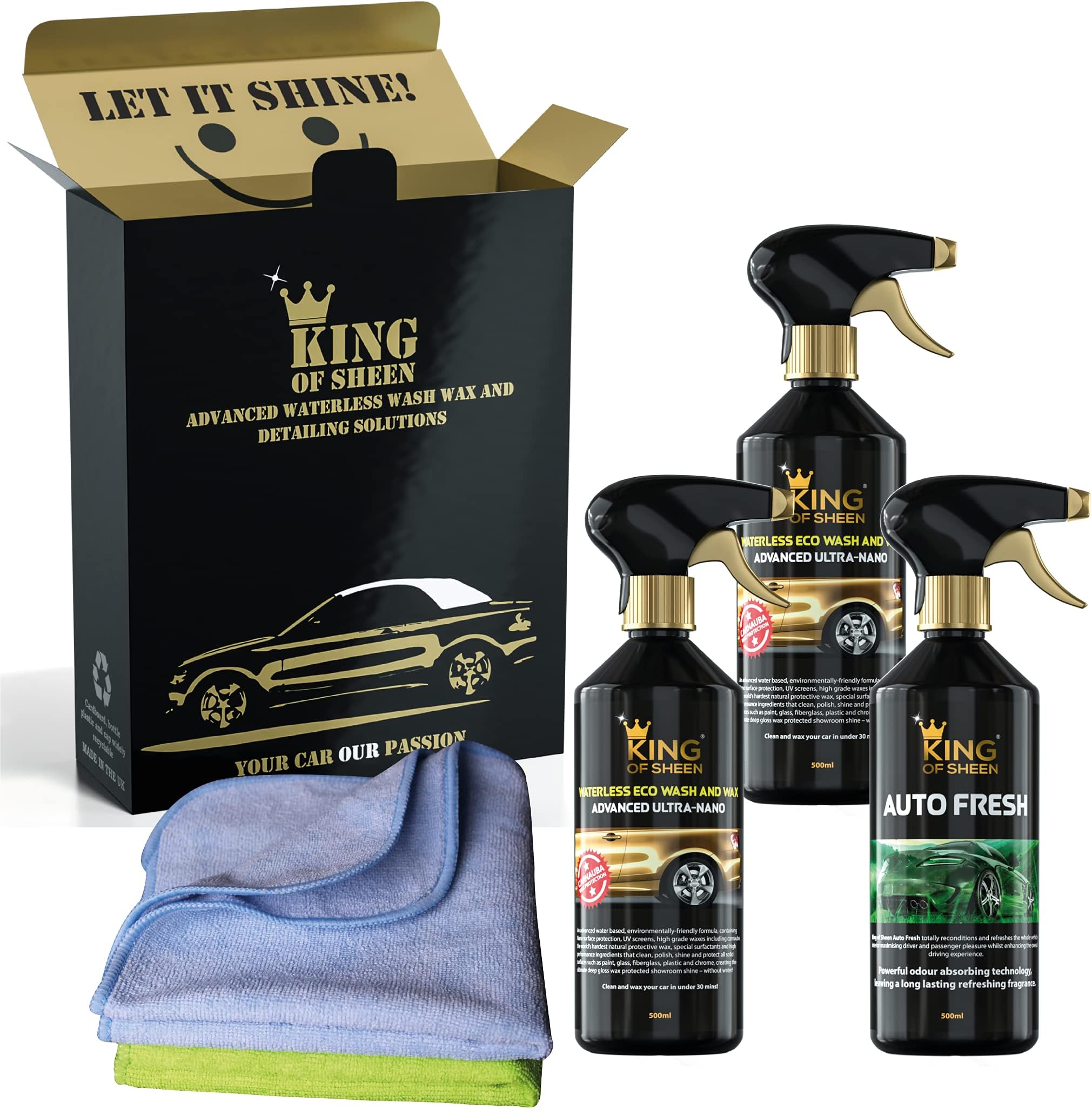 King of SheenAdvanced Ultra Nano Waterless Wash and Wax Car Clean and Refresh Kit. 2 x 500ml Nano, 500ml Auto Fresh and 2 x Microfiber Cloths