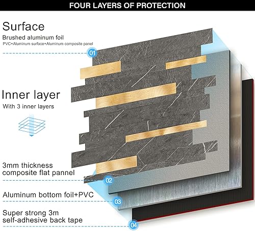 Miniatura 7 de HomeyMosaic Azulejos de pared de PVC de aluminio para despegar y pegar, azulejos de pared de PVC para cocina y baño (5 hojas, mármol gris y metal