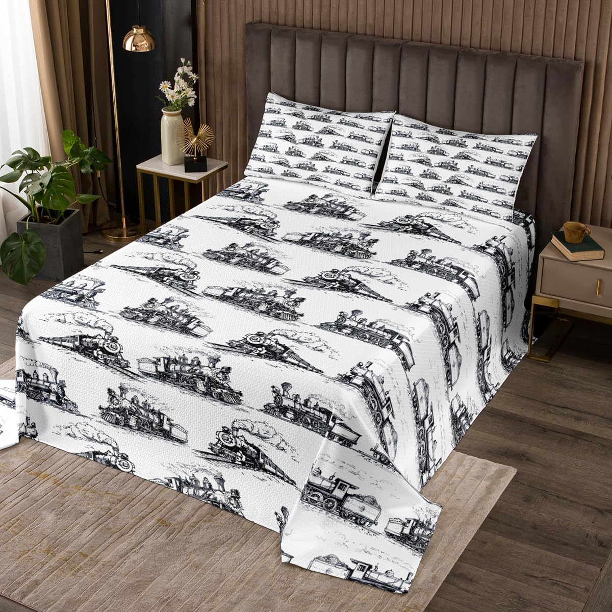 Homewish Vintage Train Bedspread Twin Size,Construction Transportation Vehicles Comforter Set for Kids Boys Teens Room Decor,Sketch Black White Bedding Set Soft Microfiber Quilt Coverlet,1 Pillowcase