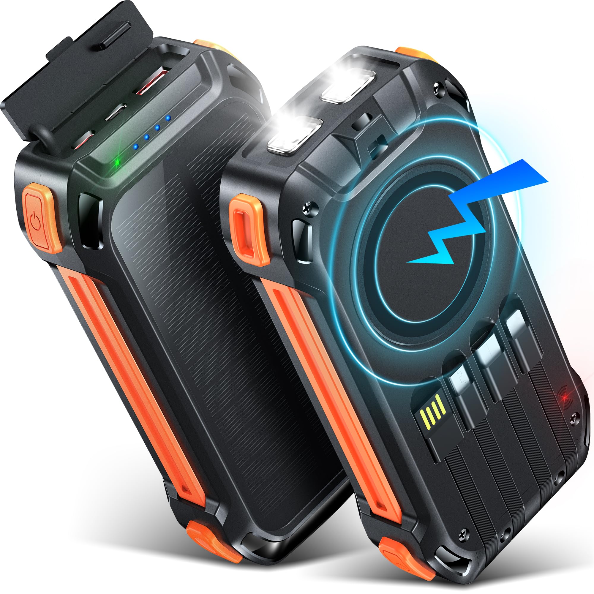 Batterie externe 26800 mAh, charge rapide PD 30 W, chargeur sans fil avec 4 câbles intégrés, 3 ports, lampes de poche LED, batterie portable pour téléphones, tablettes, camping (orange)