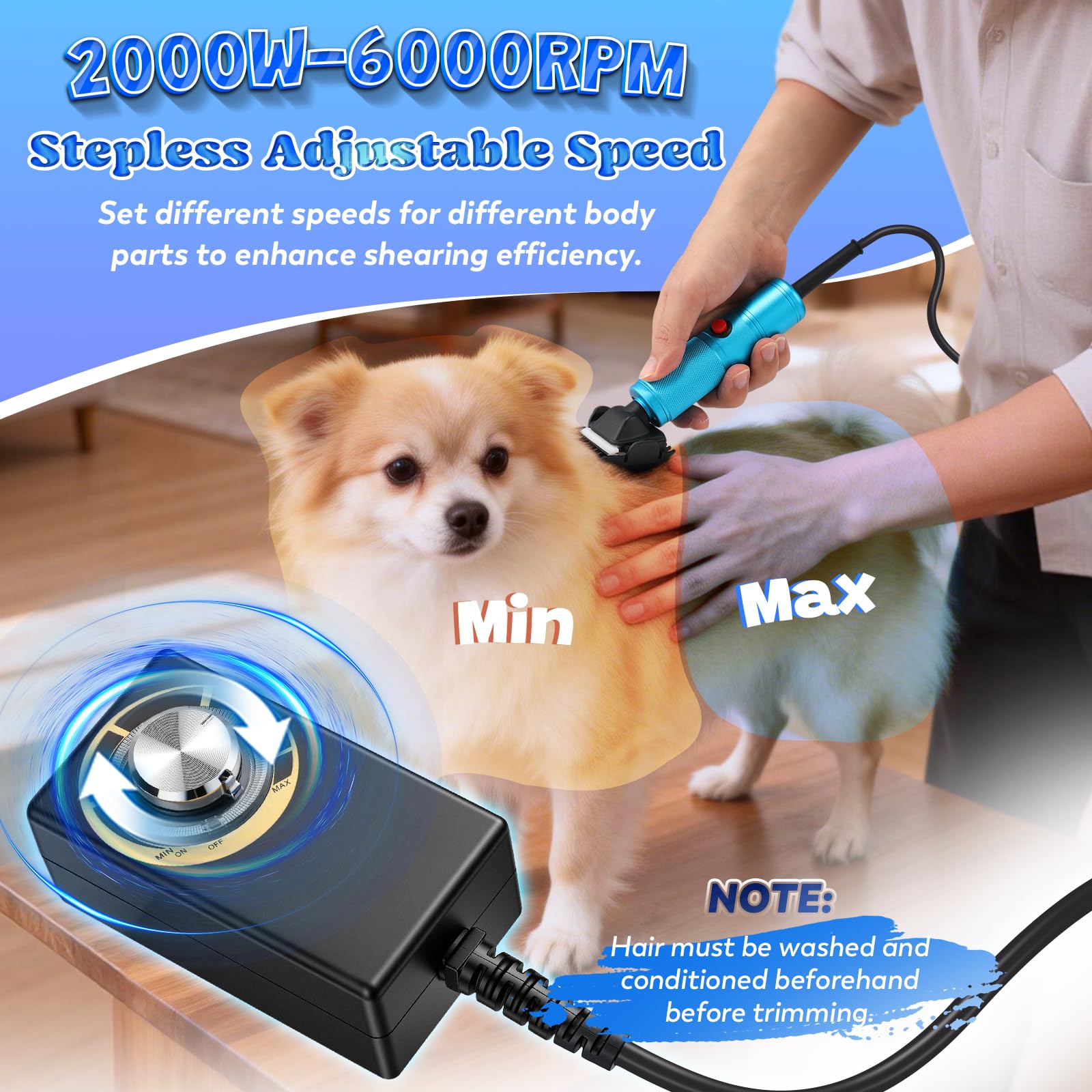Moongiantgo Tosatrice per Cani Professionale da 300W, Controllo della Velocità 2000-6000RPM, Lame in Ceramica Rimovibili, Rasoio per Cani con 1 Lama Extra & 2 Pettini (Blu)