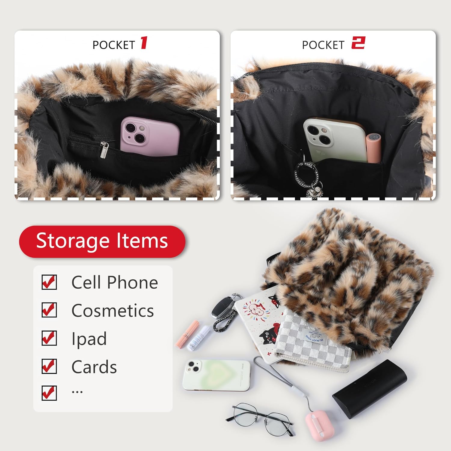 Women Large Tote Bag Faux Fur Purses Plush Handbag Fuzzy Shoulder Bag Big Capacity - Image 5