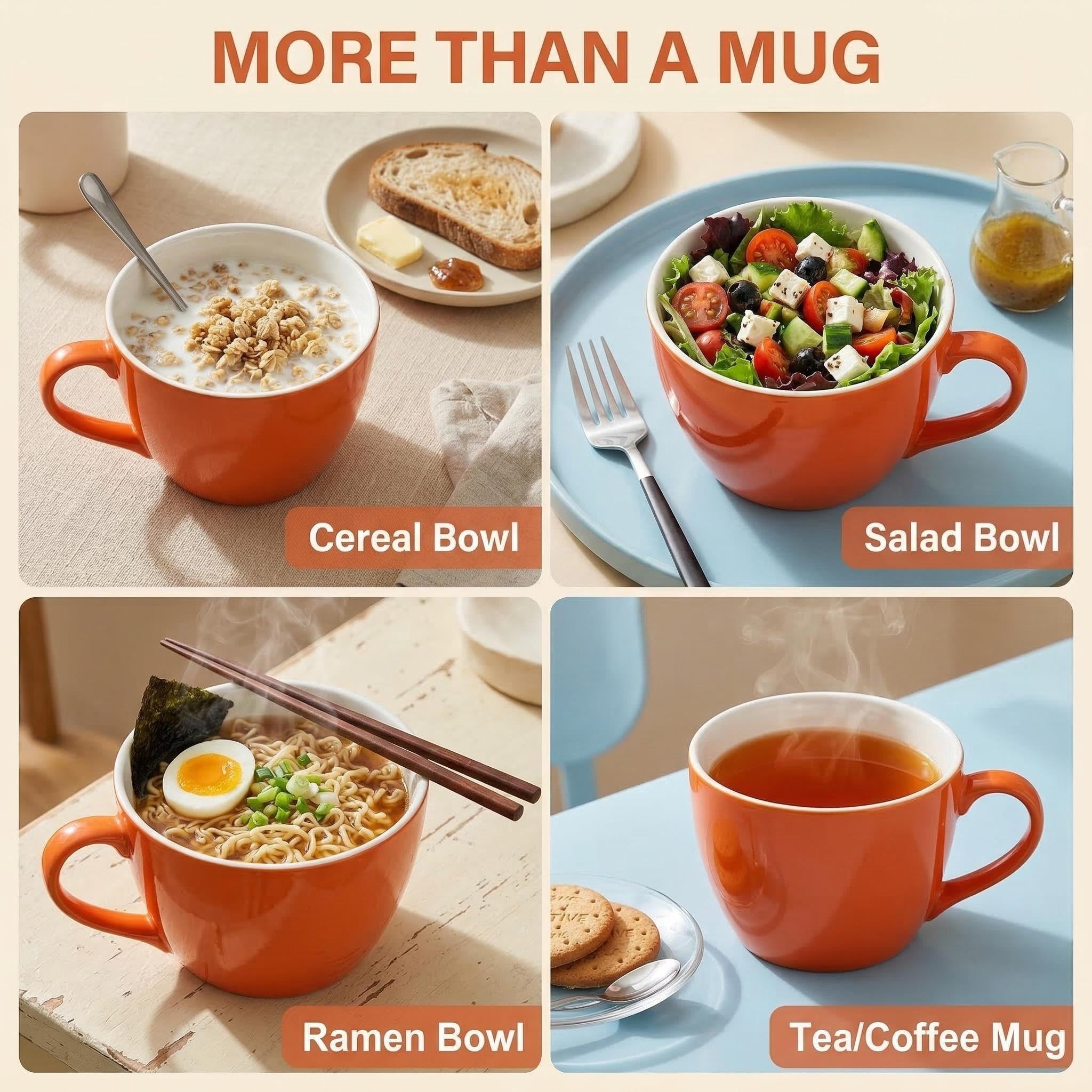 MECOWON Tazas de café de porcelana de 30 onzas, juego de 2 tazas grandes para sopa, cereales y ensalada (naranja)