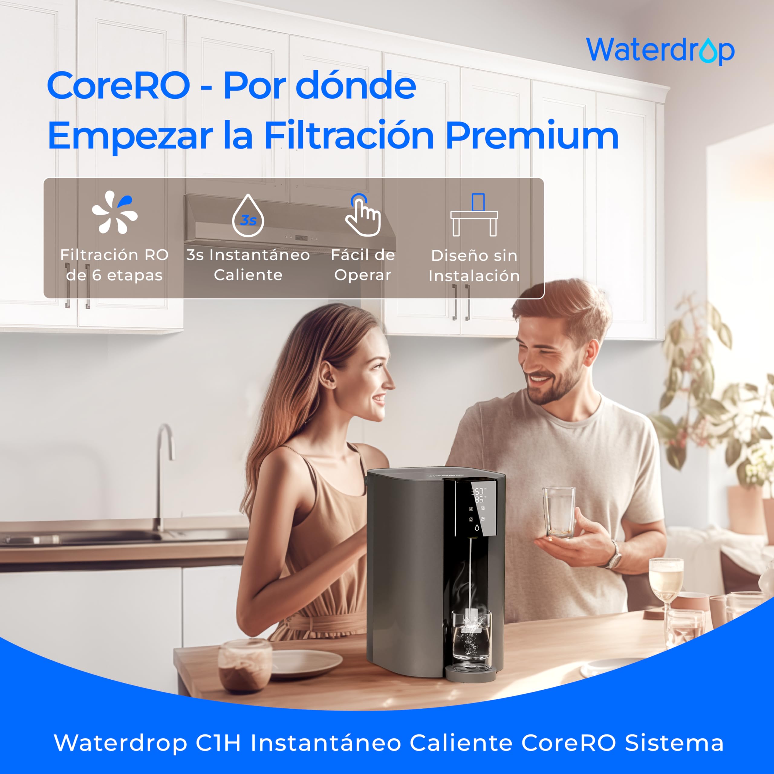 Waterdrop CoreRO Encimera Osmosis Inversa Sistema,Caliente Instantáneo Dispensador de Agua,5 Opciones de Temperatura,RO de Encimera C1H de 6 Etapas,3:1 Puro para Drenar,WD-C1H | Reduce PFAS, Sin Instalación, Relación 3:1 Pura/Descarga, Certificado NSF/ANS