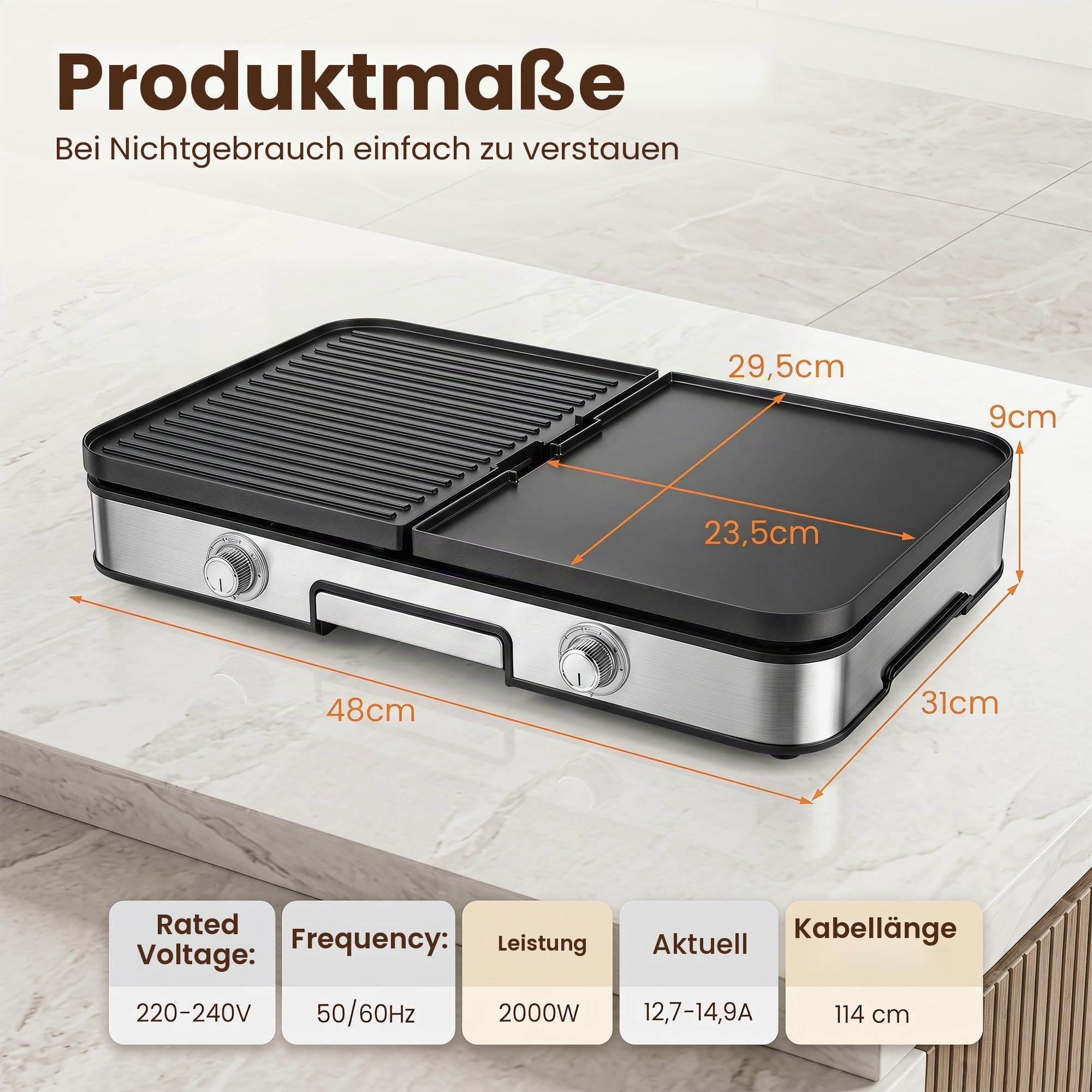 LIFEZEAL Elektrogrill, Tischgrill elektrisch 2000 W, Elektrischer Plattengrill Indoor mit 2 wendbaren Platten, individuelle Temperatureinstellung, Elektro Grill Indoorgrill für Haus, Balkon, Camping