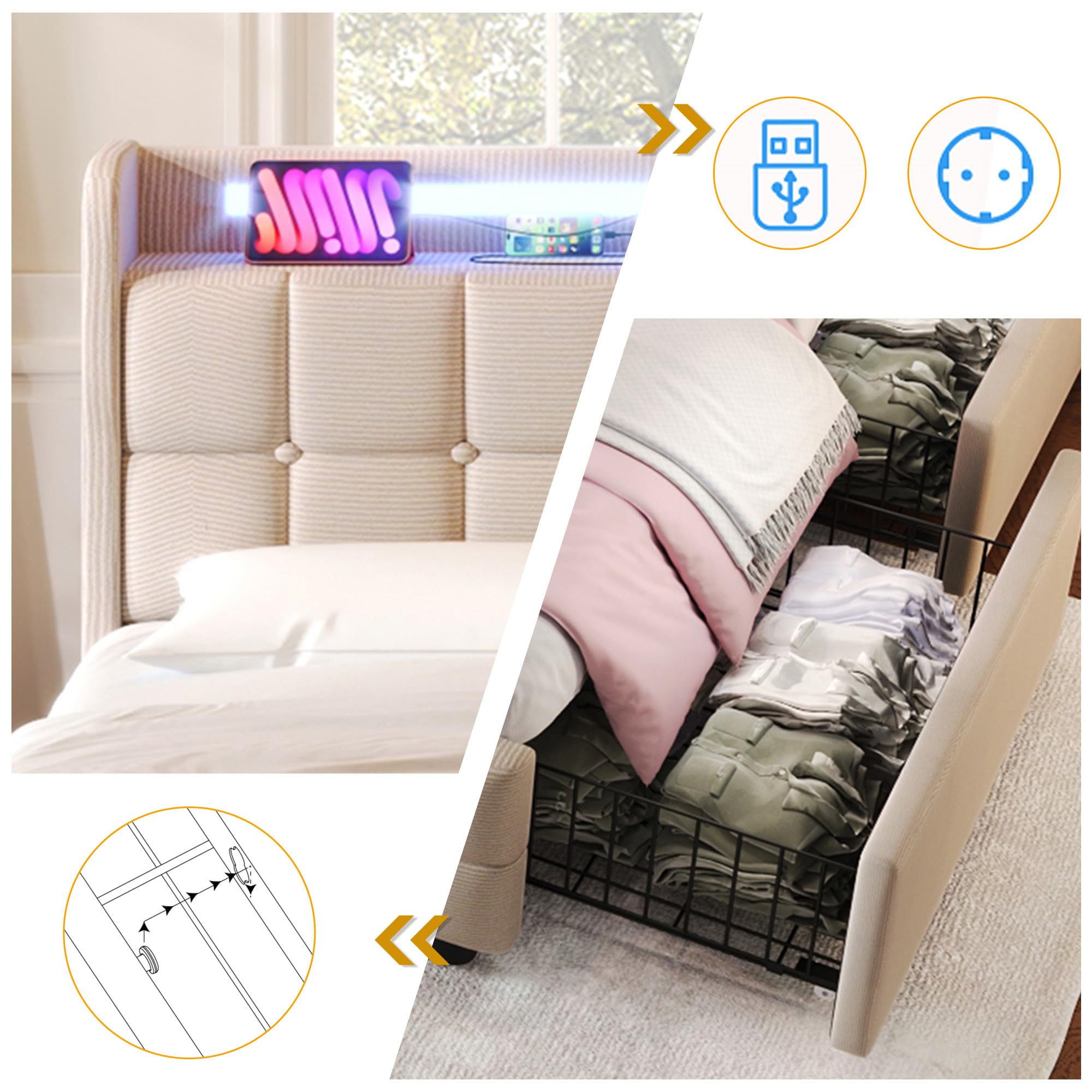 GeRRiT Lit 2 Personnes 160 x 200 cm Avec Éclairage LED, Tête de Lit Avec Chargement USB, 4 Tiroirs, Sommier à Lattes en Bois (Matelas Non Inclus) (Beige)