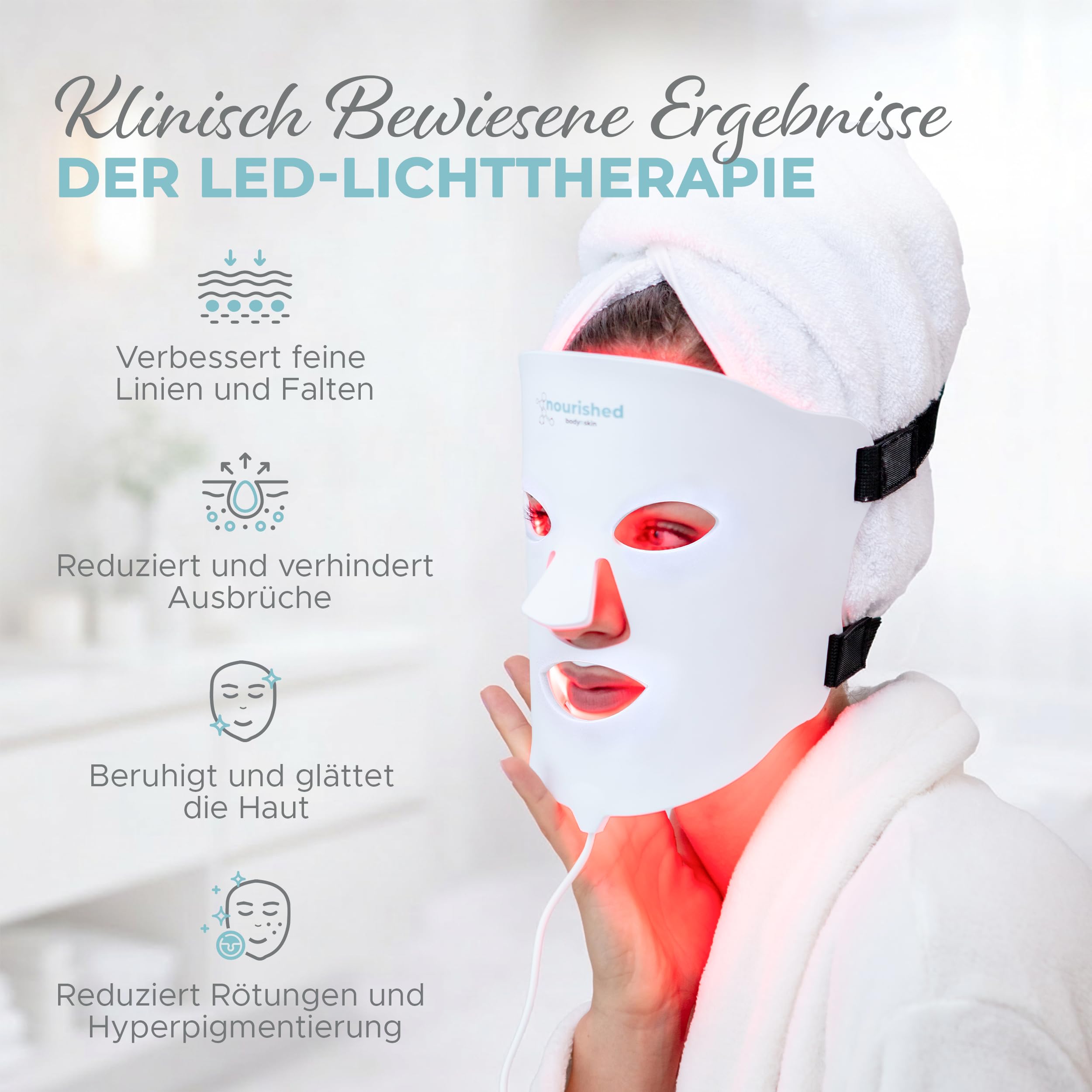 Nourished Bodynskin LED Lichttherapie Gesichts- & Halsmaske - Gesichtspflegegerät - 7 Farben Rot & Blau - Verjüngung, Anti-Aging-Produkt gegen Falten