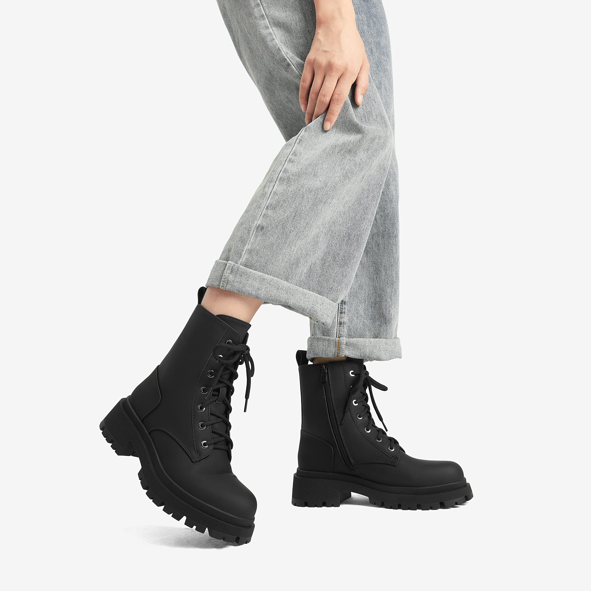 DREAM PAIRS Stivali Anfibi Donna Cerniera con Lacci Silhouette Comoda Chiusura Lampo Fodera Calda Suola Interna