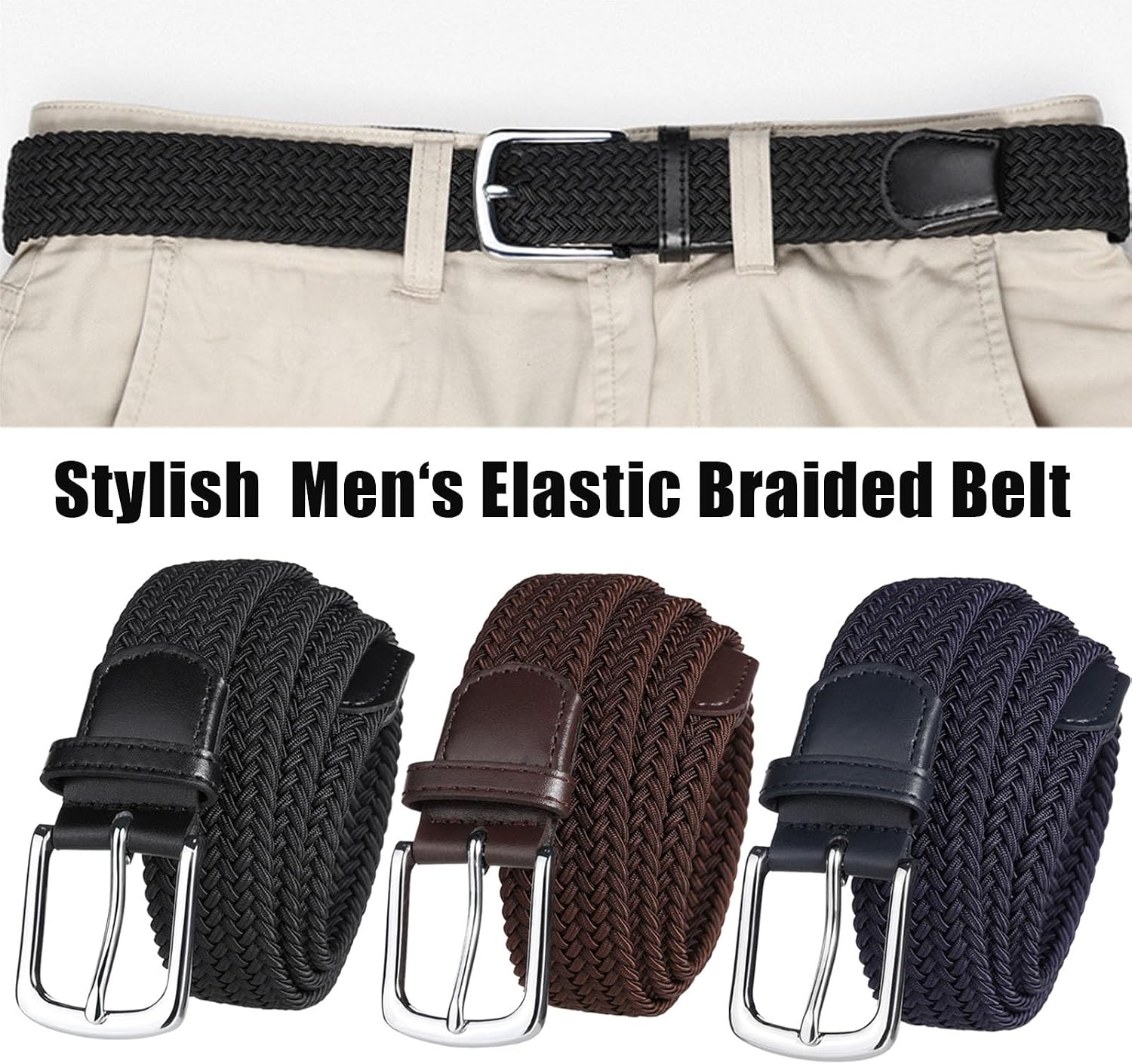 Mens Braided Stretch Belt 1.38" Wide Mixed Color Woven Elastic Golf Belts for Men Casual Jeans Belt