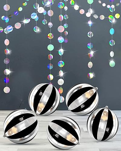 KatchOn, Globos grandes, negros y plateados con decoraciones holográficas para colgar, 22 pulgadas, paquete de 7, telón de fondo redondo holográfico