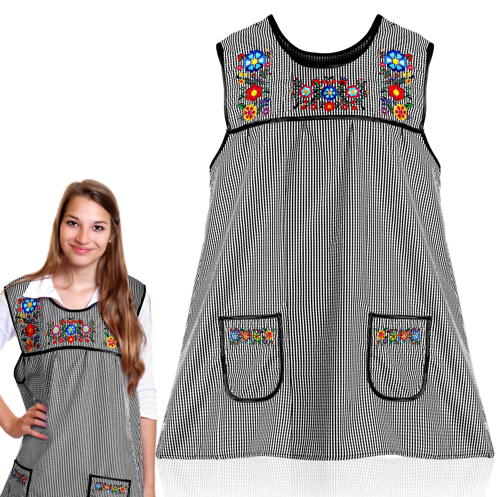 Coume Traditional Mexican Apron for Women Pocket Beautiful Flower Embroidery Apron Mandile Para Mujer Grandma Gift