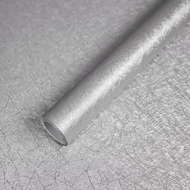 Silver Wallpaper Self Adhesive Wallpaper Grey Sticky Back Plastic Vinyl Wrap Film Thickness upgrade Peel and Stick Wallpaper 30cm X 300cm for Decoration Kitchen Worktop Covering Furniture Stickers