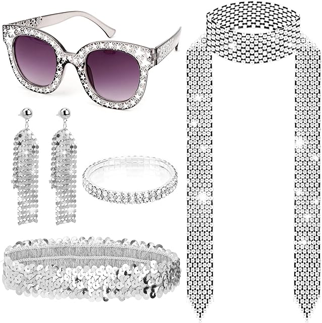 HOWAF 5pcs 70s Disco Accessories 1970s Disco Costume, Disco Glasses Bling Sunglasses Long Scarf Necklace 70s Earrings Headband Bracelet 70s 80s Fancy Dress for Women Disco Party Retro Hippie Costume
