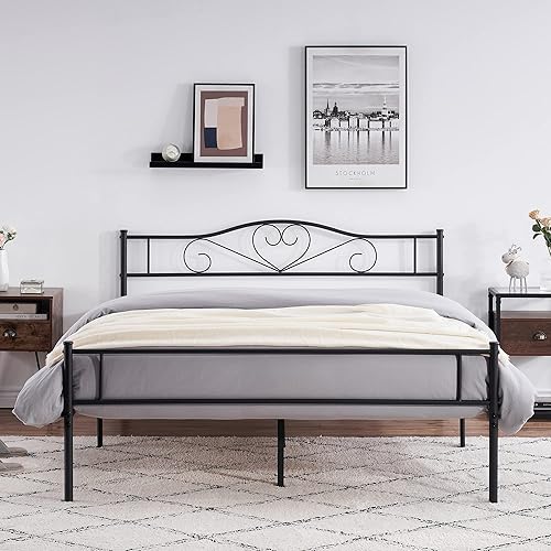 Miniatura 14 de VECELO Base de cama de plataforma de metal con cabecera y estribo, base de colchón de listones de acero, no necesita somier, individual, negro mate