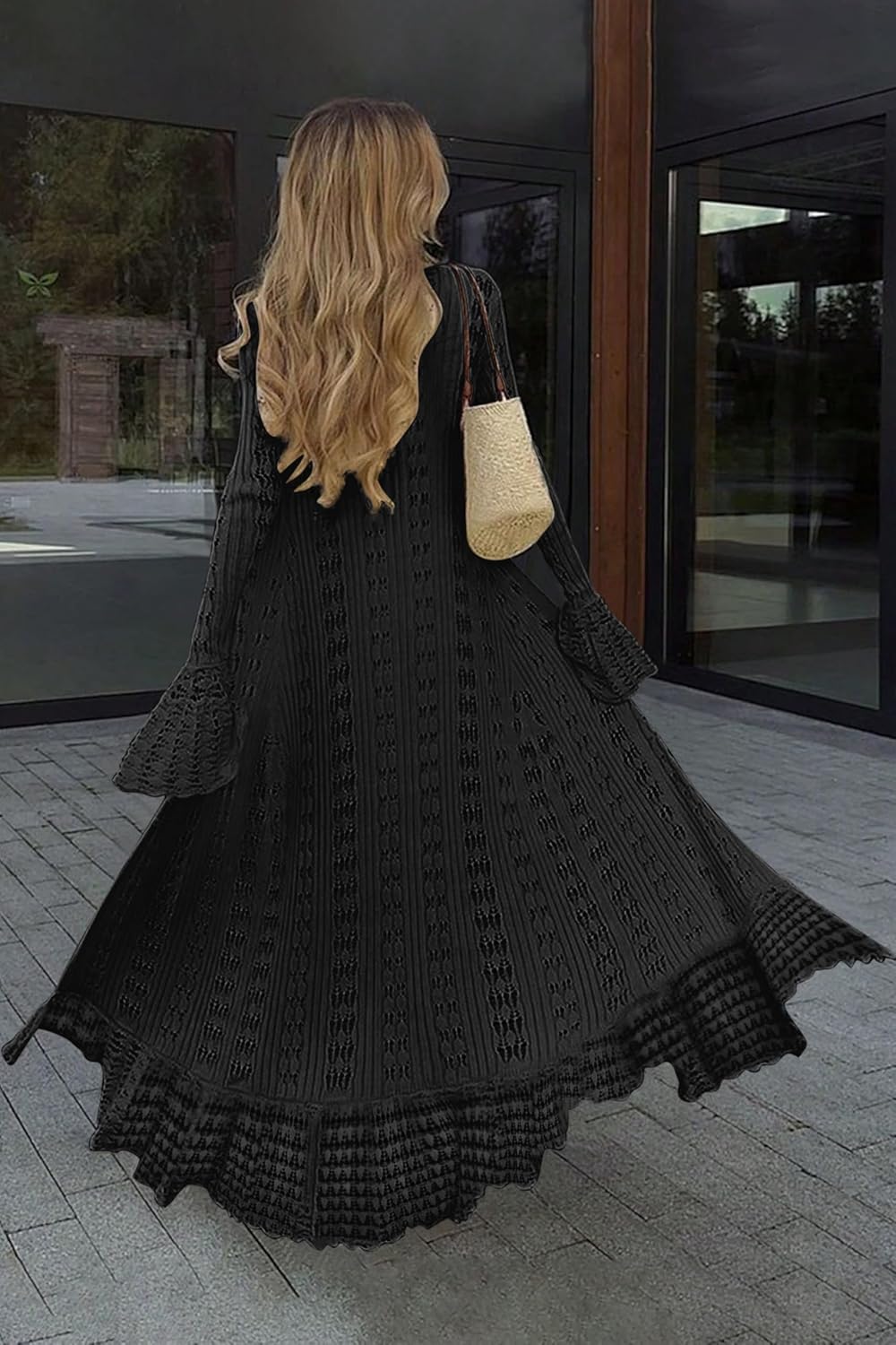 Maxi Long Cardigan Sweaters for Women Lightweight Crochet Bell Long Sleeve Ruffle Summer Beach Cover Up Fall Dress - Image 3