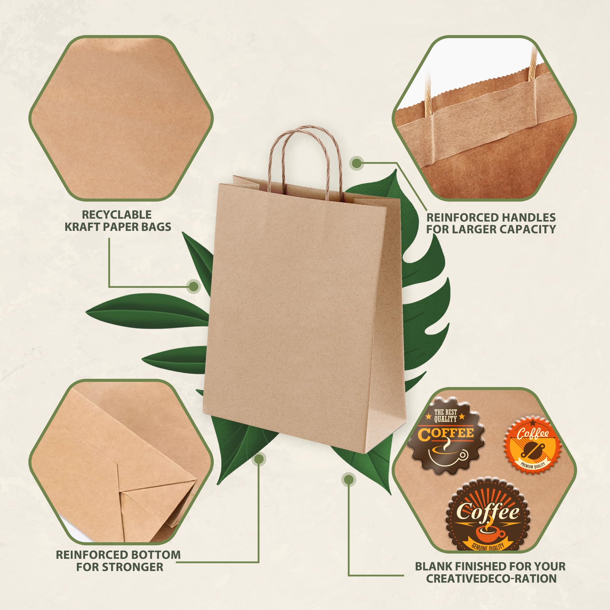 Ginkgo Confezione da 100 sacchetti regalo di carta marrone con manici, 20 x 10,25 x 25 cm, sacchetti di carta kraft di medie dimensioni per shopping, generi alimentari, affari e vendita al dettaglio