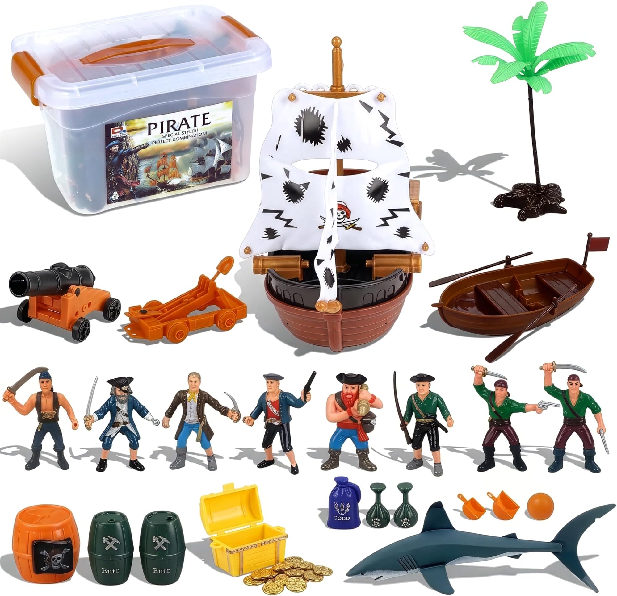 Bucket of Pirate Action Figures Toys Playset with Pirate Ship, Boat, Treasure Chest, Cannons, Shark for Kids Imaginary Pretend Play