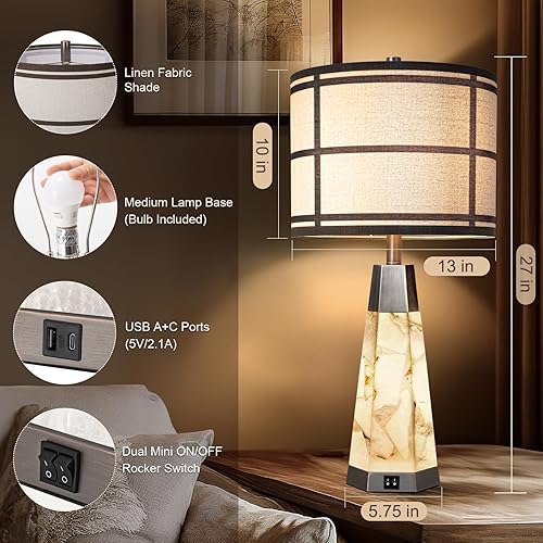 Miniatura 2 de Lámparas de mesa de alabastro natural de 27 pulgadas para sala de estar, dormitorio, juego de 2 con luz nocturna, lámparas de sala con puertos USB