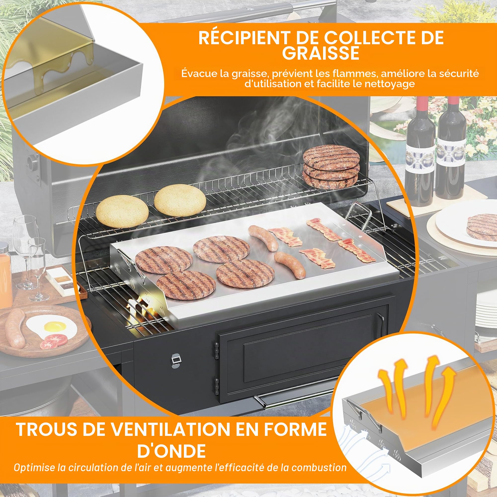 FIVMEN Plancha universelle en acier inoxydable - 61 x 41 cm - Avec 2 spatules et poignées