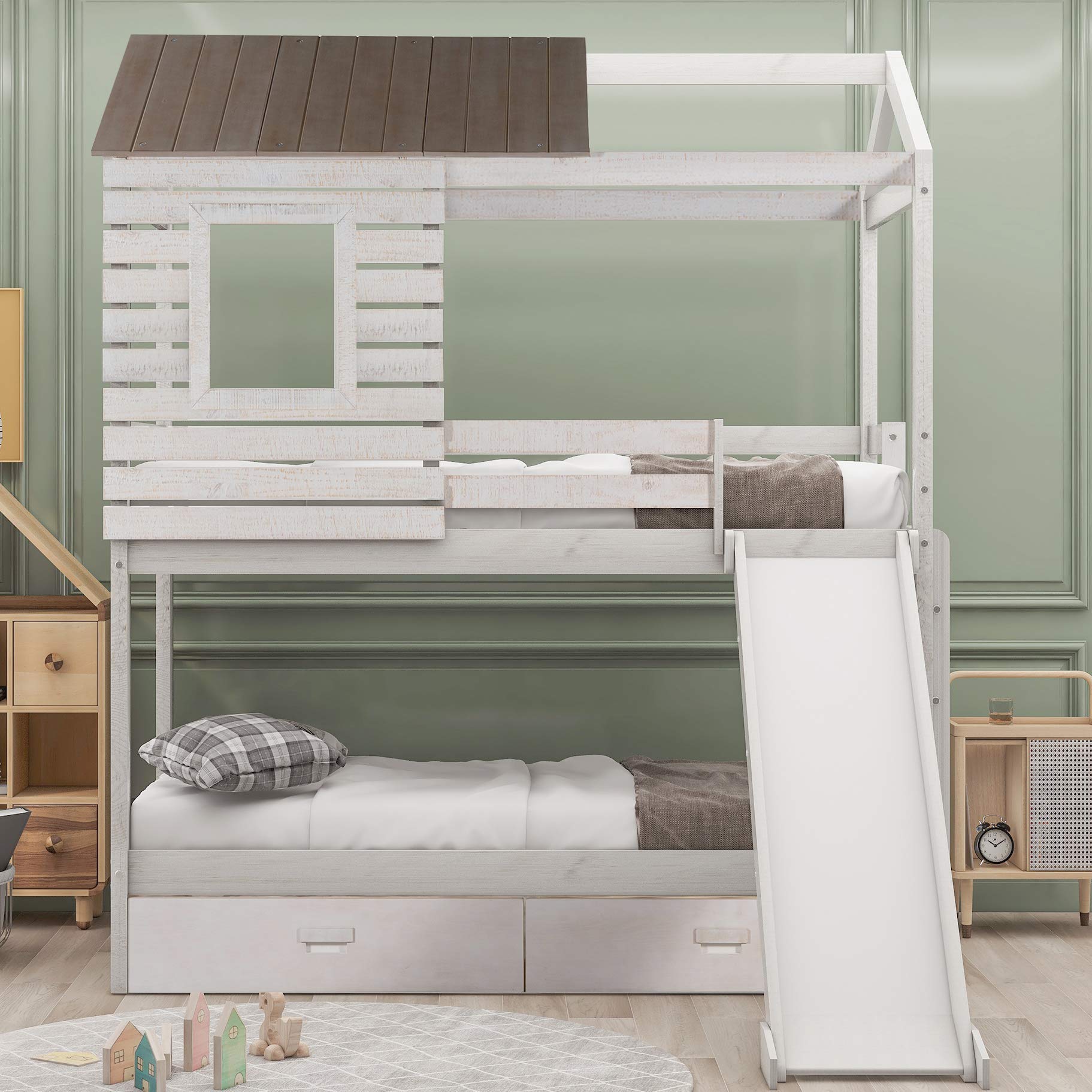Buy House Bunk Beds, Wood Bunk Beds with Roof and Guardrail for Kids
