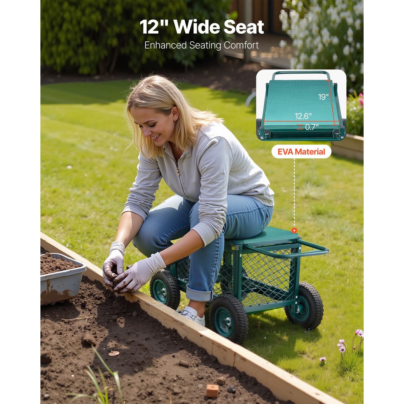 Carrello da giardino in metallo resistente, sedile da giardino su ruote, supporto portatile per la mobilità esterna per giardinieri, cura e lavori in giardino